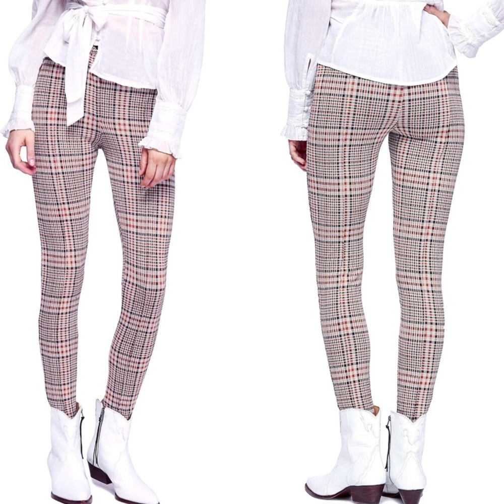 Free People Carnaby Plaid Pants Orange Combo NWT Size O Stretchy Black White